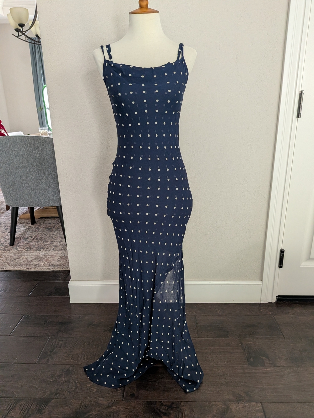Reformation Santiago Navy Polka Dot Spaghetti Strap Maxi Dress